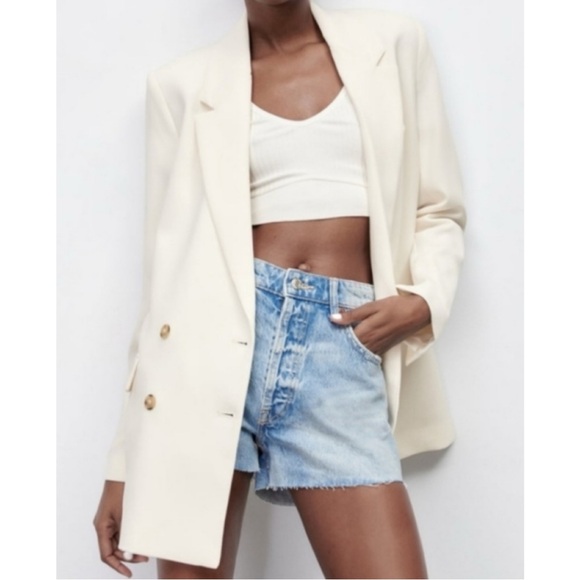 Zara Women's Double Breasted Flowy Ivory Blazer Linen Blend, size Large - Picture 1 of 16